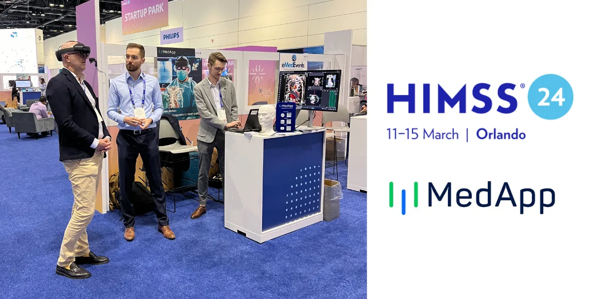 Conversations with visitors at the MedApp booth at HIMSS24