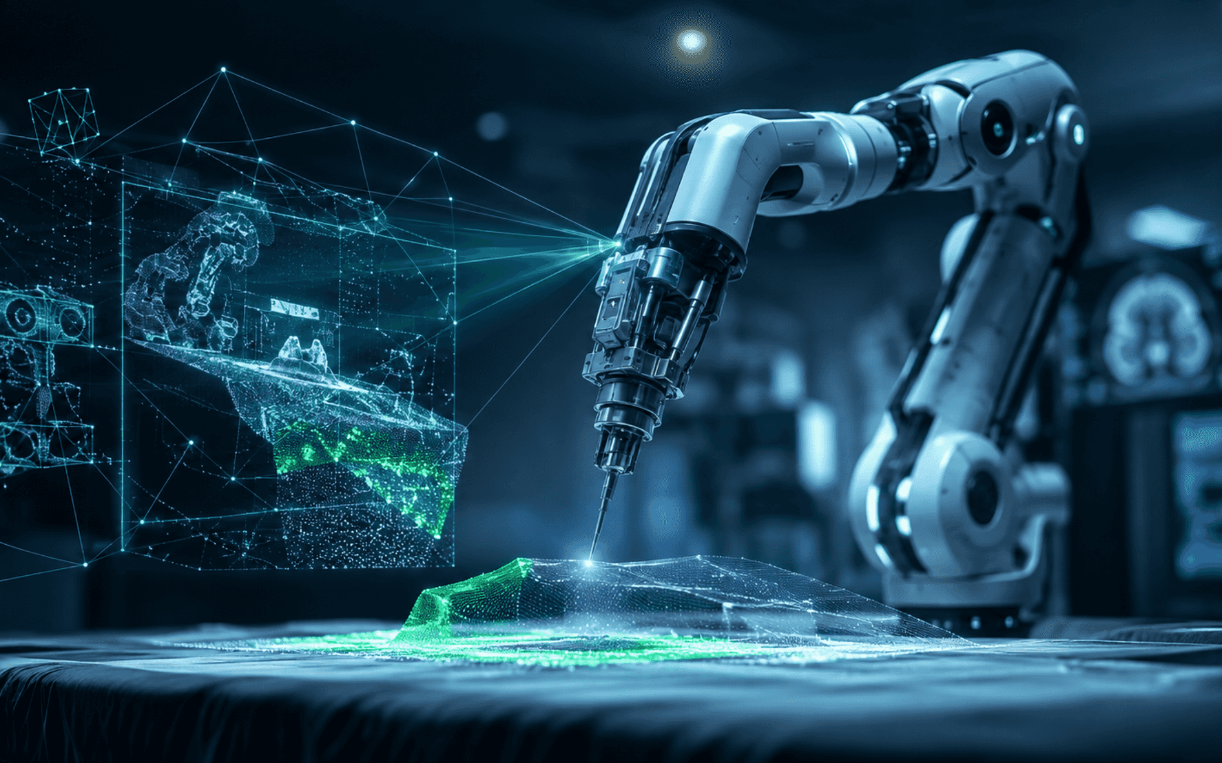 A robotic arm whose vision system analyses a procedural scene in three dimensions