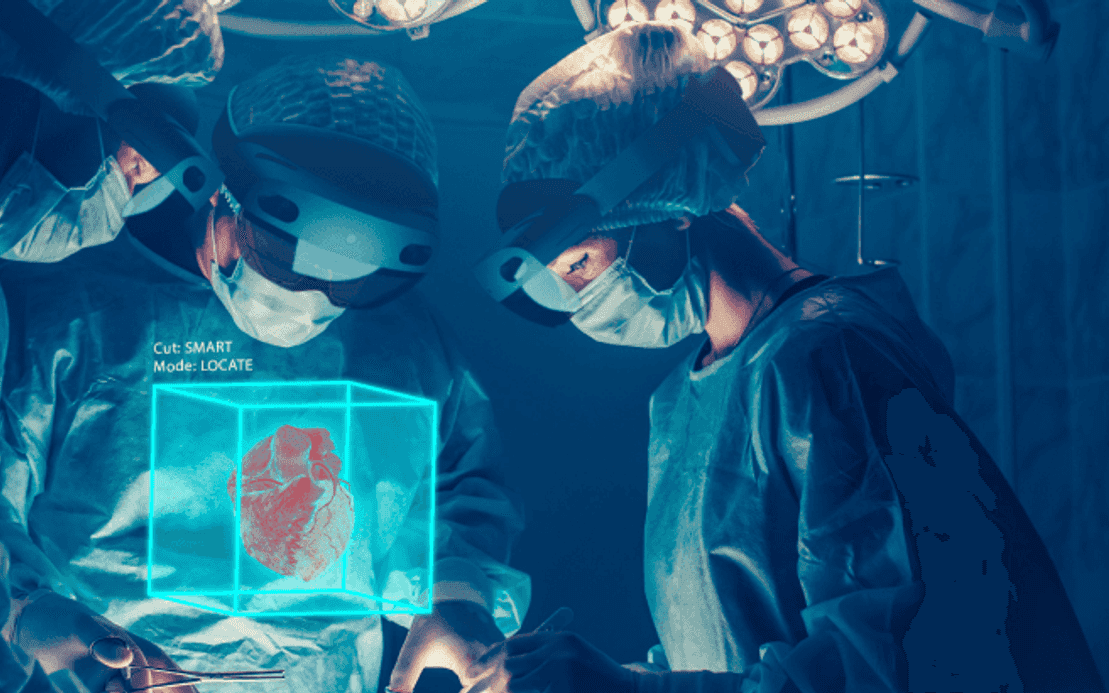 Surgical team in mixed-reality headsets with a holographic heart above the operating field