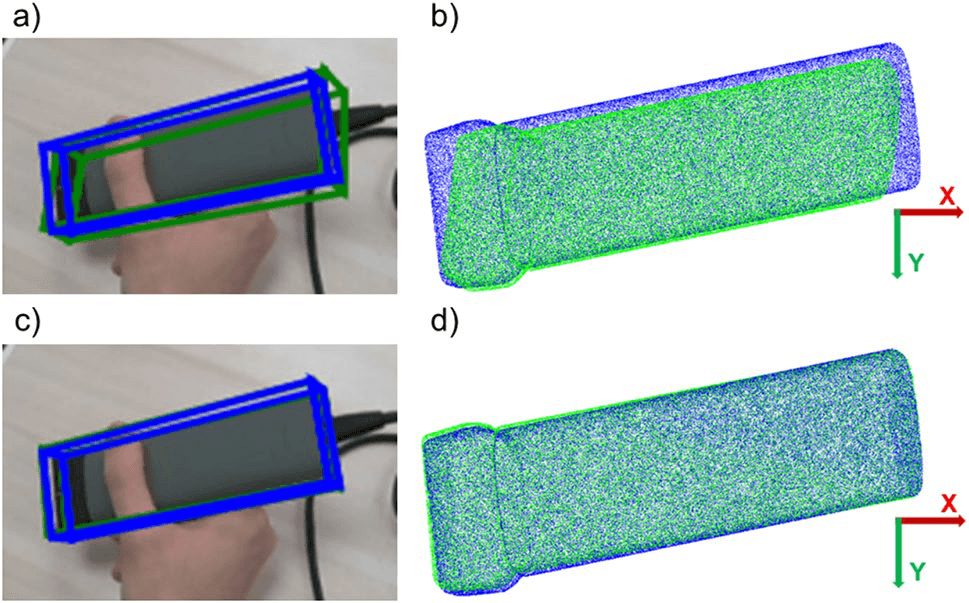 Ultrasound probe pose estimation before and after depth-based refinement